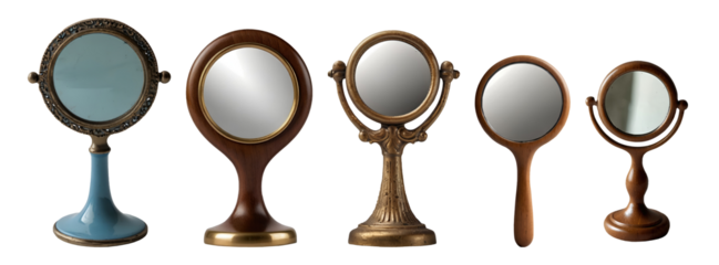 Set of vintage makeup vanity hand mirrors isolated on transparent background. Generative AI