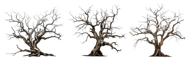 Set of majestic leafless trees with gnarled branches and twisted trunks, cut out