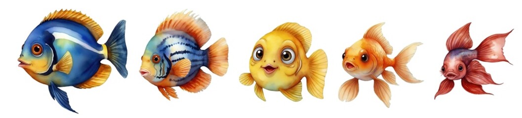 Set of watercolour aquatic colourful tropical fish collection isolated on transparent background. Generative AI