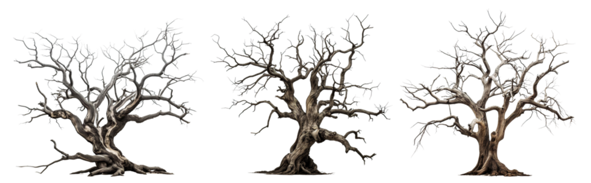 Set of majestic leafless trees with gnarled branches and twisted trunks, cut out