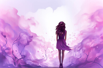 banner of an illustration with a female silhouette with purple tones with copy space.