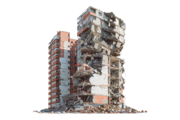 Demolished building and residential house isolated on transparent background