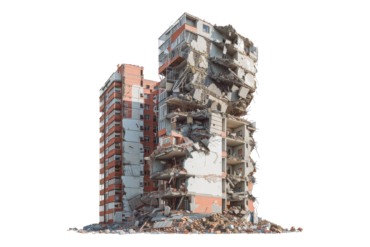 Demolished building and residential house isolated on transparent background