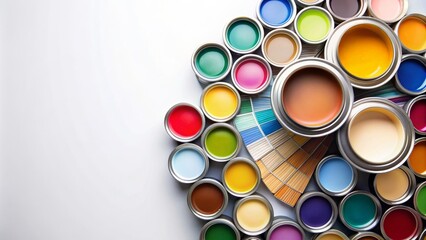 Paint cans and color palette on white background, top view. 