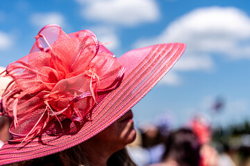 A women wears a pink decorative hat while attending a horse race.