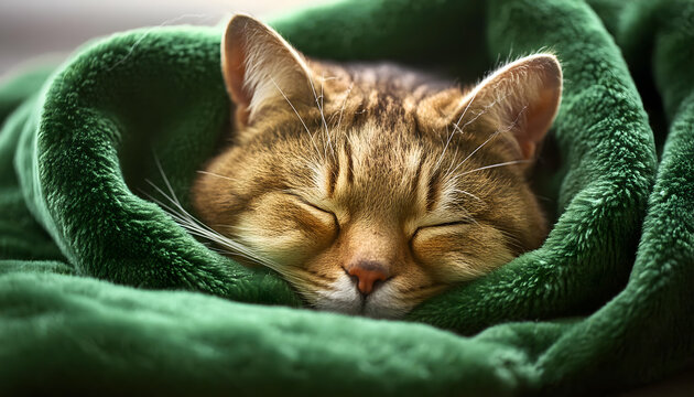 s&uuml;sse, katze, schlafend, kopf, in, decke, portrai, weltkatzentag, international, tag, clos eup, neu, gr&uuml;ne, fell, kuscheln, kuschelig, gem&uuml;tlich, schlaf, copy space, gesicht, modern, design, 