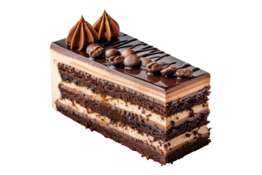 Elegance opera cake with coffee and chocolate isolated on transparent background