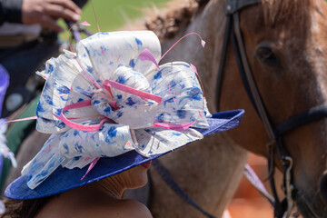 A women's fashionable hat is worn at a horse race