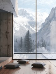 Minimalist loft with panoramic windows facing the mountains, perfect for solitary reflection
