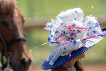A women's fashionable hat is worn at a horse race
