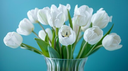 Exquisite close-up of white tulips in a transparent glass vase, carefully isolated on a calming blue background under studio lights