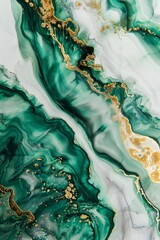 Fluid art watercolor scene where deep green and shimmering gold paints intertwine, producing an exquisite marble effect for luxury wallpaper