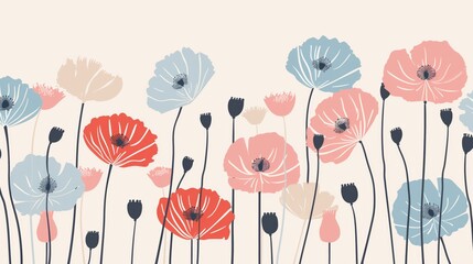 watercolor pastel poppy flowers pattern frame with copy space.
