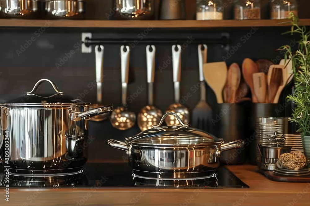 Wall mural Elegant display of stainless steel kitchenware featuring shiny new pots, pans, and utensils. AI generated.