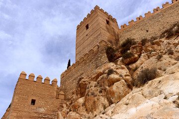 Upward view at the Alcazaba a medieval fortress in Almeria on the southeastern coast of the Iberian Peninsula, Spain