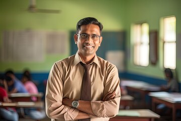 Obraz premium Portrait of smiling middle aged male Indian teacher in a class at elementary school looking at camera.
