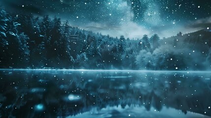 Dark fantasy winter forest. Night landscape with trees, fog, moon and rays of light. Winter...