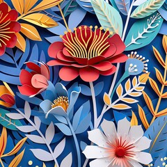 Paper cut art floral patterns flat design side view botanical garden theme cartoon drawing Splitcomplementary color scheme
