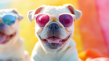 Funny happy french bulldog wearing sunglasses is sitting in front of colorful background, cute adorable funny joy love