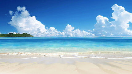 Fototapeta premium A beautiful beach with a clear blue ocean and a few small islands in the distance. The sky is mostly clear with a few clouds scattered throughout. The scene is peaceful and serene, with the calm ocean