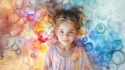 Fun, little girl lying on colorful abstract painting, exploration discovery learning growth development