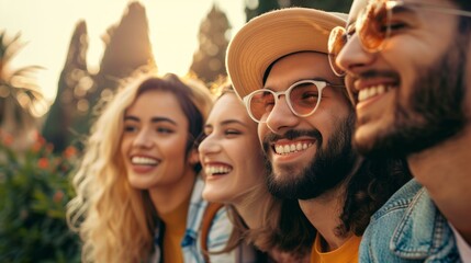 Camaraderie side view, four happy young friends standing close to each other smiling, warm inviting, mood is happy carefree, positivity friendship love support trust