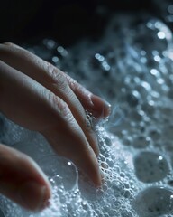 Fototapeta premium Close-up fingers touch soap suds bubble of cleansing or moisturizer or toning