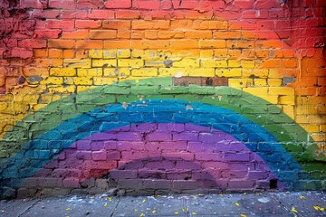 A colorful graffiti of a rainbow painted on a brick wall texture, representing creativity and urban...