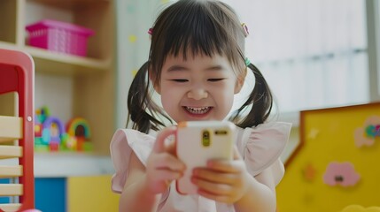 Gleeful Asian Preschooler Playing Interactive Game on Mobile Device