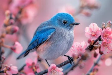 A peaceful image of a tiny blue bird perched on a branch surrounded by soft pink cherry blossoms