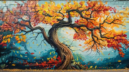 Intricate graffiti mural of a tree on a wall, richly colored leaves and branches, brightly lit with isolated studio background