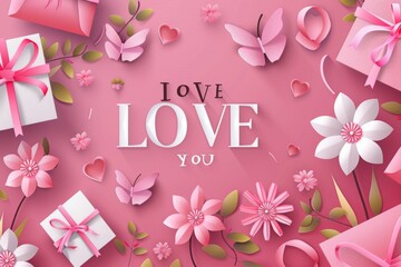 Happy Mother's Day background with paper cut out flowers and presents on a pink background with the text "I LOVE YOU MOM" in the middle of the design. Greeting card, invitation or poster template