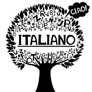 Italiano. Сiao. Translate:"Italian.  Hello" Illustration for book, dictionary, vocabulary, speaking, reading, writing, listening skills. Abstract tree with black letters isolated on White background