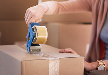Hands, boxes and woman with tape, moving and cardboard with package, real estate and property....