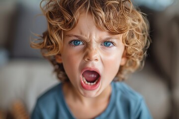 Close-up of a young boy yelling with expressive blue eyes and curly hair, evoking a sense of strong emotion or surprise