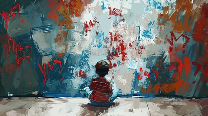Obraz premium artful graffiti style illustration, a boy dream and hope concept, young child with messy grungy wall, Generative Ai