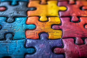 Detailed macro shot of colorful interlocking puzzle pieces in various hues