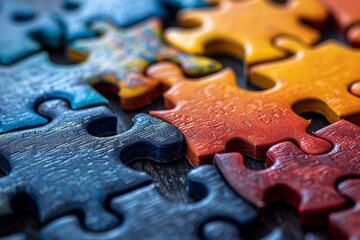 Macro view of vibrant, interlocking puzzle pieces showcasing texture and colors