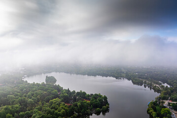 Bucharest from above aerial photo. Cloudy spring morning landscape with the north part of...