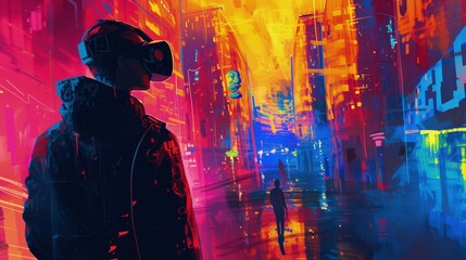 Mężczyzna stojący przed neonowym miastem