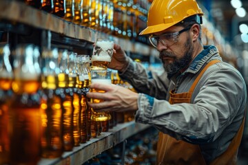 A worker in a hard hat examines quality of glass bottles in a brewery production line, ensuring high industry standards