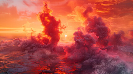 Naklejka premium An abstract arrangement of smoke in vivid reds and oranges, evoking the fiery beauty of a sunset over the ocean.