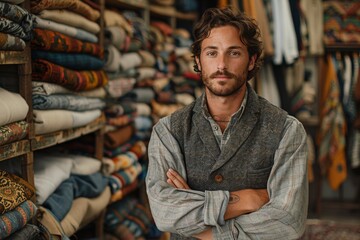 Well-dressed man in a textile shop with crossed arms, showing confidence and choice in fabrics and patterns