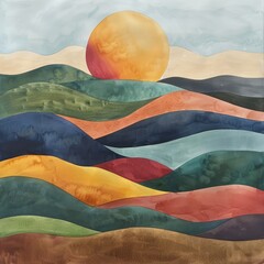 Oil painting-inspired watercolor featuring a minimalist sun over rolling hills, retro shapes and colors creating an atmospheric, abstract scene