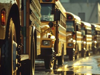 A row of school buses lined up for departure.