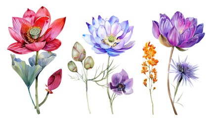 Watercolor illustration of flowers from myths Lotus, Anemone, Acacia, Yarrow steeped in symbolism, isolated on transparent background