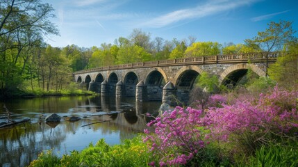 Fototapeta premium Scenic spring landscape near a classic bridge, blooming flowers and lush greenery surrounding it under clear skies