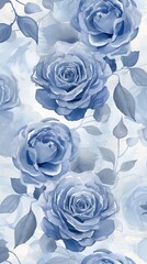 Soft, seamless pattern of pastel blue roses painted with an oil finish, light grey tones filling the gaps with subtle elegance