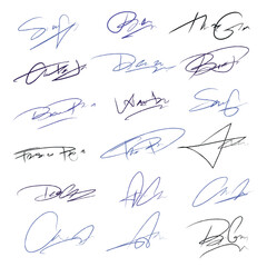 Signatures set. Fictitious handwritten signatures for signing documents on white background. 