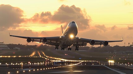 A large jetliner taking off from an airport runway at sunset or dawn with the landing gear down. plane is about to take off. travel banner
